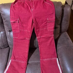 Fashion Nova Burgundy Cargo Pants with White Stitching